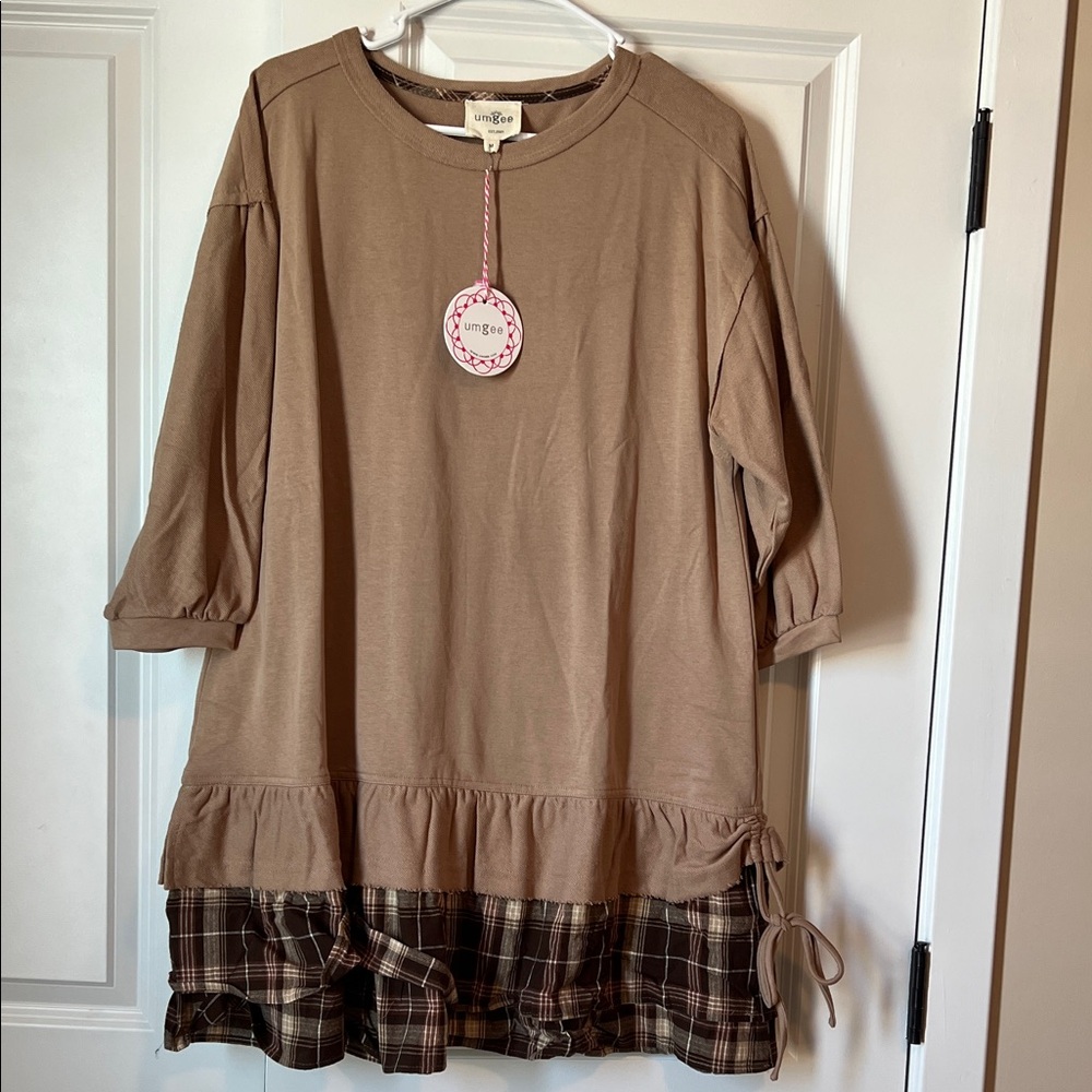 Umgee Tan and Brown Plaid Dress